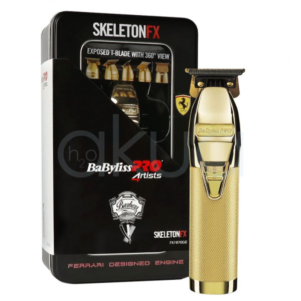 Maquina Skeleton Gold Ferrari babyliss pro El color predominante es dorado metálico. Todo el cuerpo del dispositivo, incluyendo el mango texturizado, la carcasa y los detalles frontales, presenta un acabado brillante en dorado. La cuchilla y algunos elementos superiores son de color negro H2o Akua