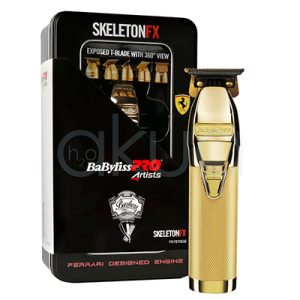 Maquina Skeleton Gold Ferrari babyliss pro El color predominante es dorado metálico. Todo el cuerpo del dispositivo, incluyendo el mango texturizado, la carcasa y los detalles frontales, presenta un acabado brillante en dorado. La cuchilla y algunos elementos superiores son de color negro H2o Akua
