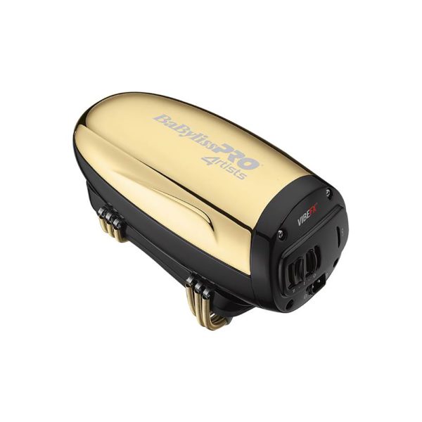 Masajeador Vibefx inalambrico Babyliss pro El color predominante es dorado metálico, que cubre la parte superior y los laterales del dispositivo. La base y algunos detalles, como el frontal y la zona de las cuchillas, son de color negro H2o Akua