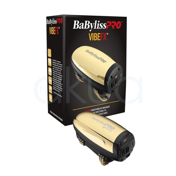 Masajeador Vibefx inalambrico Babyliss pro El color predominante es dorado metálico, que cubre la parte superior y los laterales del dispositivo. La base y algunos detalles, como el frontal y la zona de las cuchillas, son de color negro H2o Akua