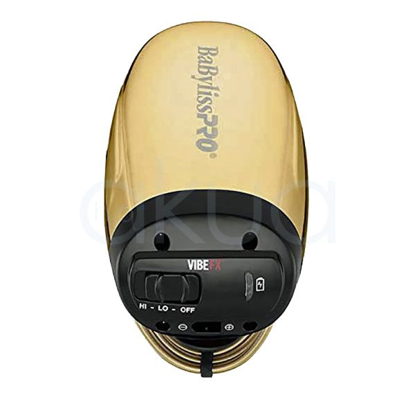 Masajeador Vibefx inalambrico Babyliss pro El color predominante es dorado metálico, que cubre la parte superior y los laterales del dispositivo. La base y algunos detalles, como el frontal y la zona de las cuchillas, son de color negro H2o Akua