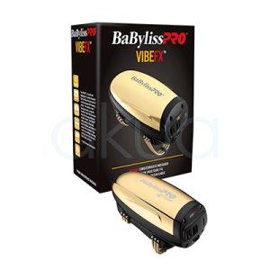 Masajeador Vibefx inalambrico Babyliss pro El color predominante es dorado metálico, que cubre la parte superior y los laterales del dispositivo. La base y algunos detalles, como el frontal y la zona de las cuchillas, son de color negro H2o Akua