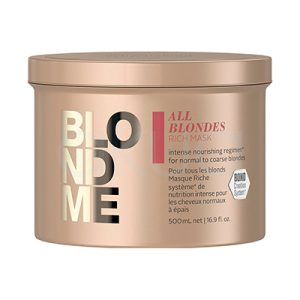 Mascarilla todo rubios All Blondes Blondme 500ml Schwarzkopf envase en tono dorado suave y metalico con acabado satinado , logotipo en texto dorado y parte del texto en tonos rojos y negros H2o Akua