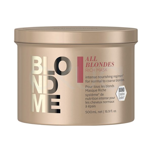 Mascarilla todo rubios All Blondes Blondme 500ml Schwarzkopf envase en tono dorado suave y metalico con acabado satinado , logotipo en texto dorado y parte del texto en tonos rojos y negros H2o Akua