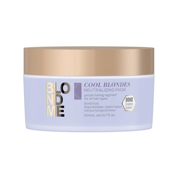Mascarilla Neutralizante Rubios frios Blondme 200ml Schwarzkopf envase de color lila claro con tapa dorada metálica y etiqueta negra y dorada H2o Akua