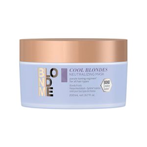 Mascarilla Neutralizante Rubios frios Blondme 200ml Schwarzkopf de color lila claro en el cuerpo, con una tapa de color dorado rosado metálico. El texto combina letras en dorado, negro y lila, y hay un pequeño recuadro decorativo en lila junto al nombre del producto H2o Akua