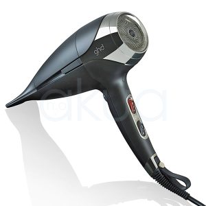 Secador ghd Helios negro cuerpo de color principal negro con detalles en plateado y boton rojo en mango H2o Akua
