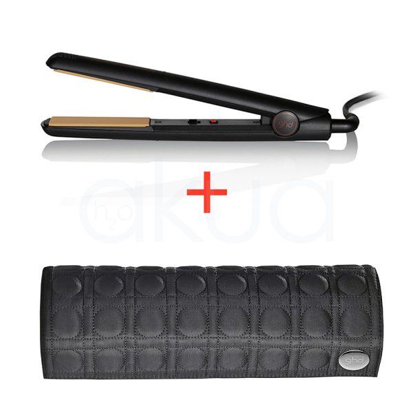 Plancha ghd Original Styler + neceser El color predominante en la plancha alisadora y en el estuche térmico que aparece en la parte inferior de la imagen es negro. Todo el cuerpo de la plancha, el cable y el estuche presentan este color. Dorado: Las placas alisadoras de la plancha son de color dorado, lo que contrasta con el negro del cuerpo. Rojo: El botón de encendido/apagado de la plancha tiene un pequeño detalle en color rojo, visible en el lateral..Gris oscuro: El estuche térmico muestra un diseño acolchado en gris oscuro, con un pequeño logotipo metálico en una esquina. H2o Akua