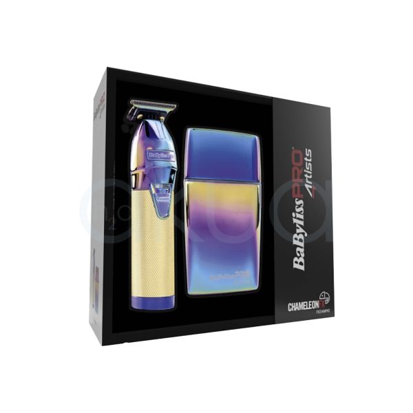 Pack ChameleonFX 4artists Babyliss pro El color es un degradado iridiscente y metálico que combina tonos de rosa, violeta, azul y amarillo. La parte superior de ambos dispositivos muestra principalmente rosa y violeta, mientras que la zona inferior y los laterales presentan transiciones suaves hacia azul y amarillo. El mango de la recortadora es dorado metálico con textura H2o Akua
