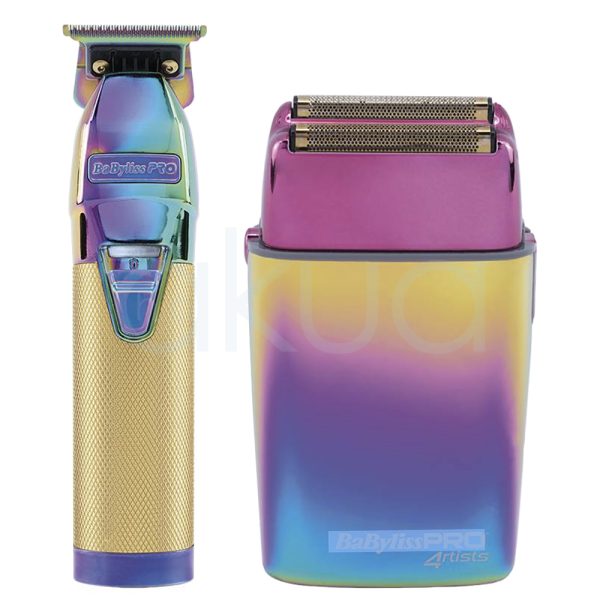 Pack ChameleonFX 4artists Babyliss pro El color es un degradado iridiscente y metálico que combina tonos de rosa, violeta, azul y amarillo. La parte superior de ambos dispositivos muestra principalmente rosa y violeta, mientras que la zona inferior y los laterales presentan transiciones suaves hacia azul y amarillo. El mango de la recortadora es dorado metálico con textura H2o Akua
