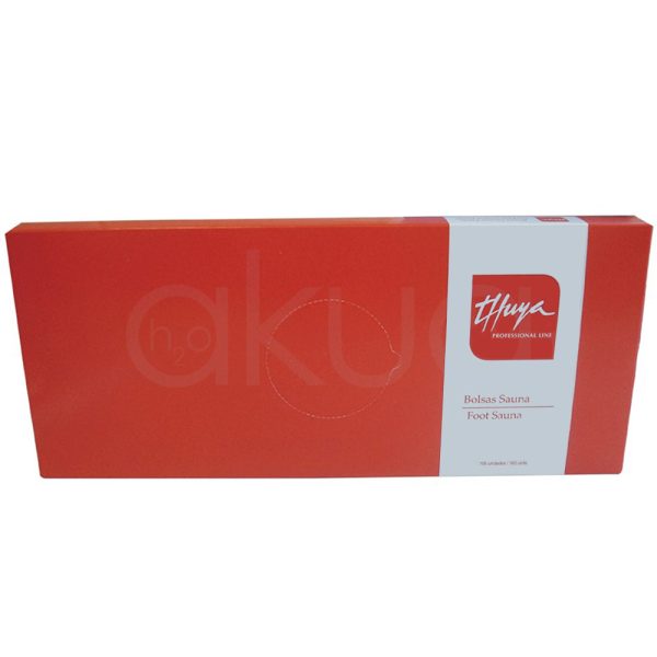 Bolsa Sauna Manos Thuya 100 Ud El principal es rojo intenso con una franja vertical en tono gris claro en el lado derecho. El logotipo y la información del producto están impresos en blanco y rojo sobre la franja gris.se presenta en caja de cartón rectangular en color rojo principal y banda blanca con letras rojas de descripción H2o Akua