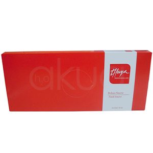 Bolsa Sauna Manos Thuya 100 Ud El principal es rojo intenso con una franja vertical en tono gris claro en el lado derecho. El logotipo y la información del producto están impresos en blanco y rojo sobre la franja gris.se presenta en caja de cartón rectangular en color rojo principal y banda blanca con letras rojas de descripción H2o Akua