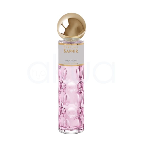 Perfume Saphir Mujer 30ml cristal translúcido con relieve en forma de burbujas o círculos. La etiqueta es de color gris claro con letras doradas y negras. El tapón es dorado metálico y tiene forma esférica y brillante. H2o Akua