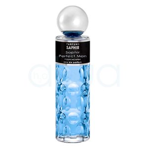 Perfume Saphir Hombre 400ml Frasco de vidrio transparente donde predominan los siguientes colores: Blanco perlado en la esfera que forma el tapón del frasco. Negro en la etiqueta del frasco, donde aparece el texto .Plateado en la base del tapón, justo encima de la etiqueta. H2o Akua