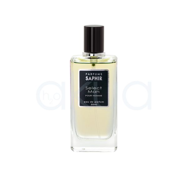 Perfume Saphir Hombre 50ml envase de cristal transparente. La etiqueta es negra con letras blancas y plateadas. El tapón es negro brillante y cilíndrico H2o Akua