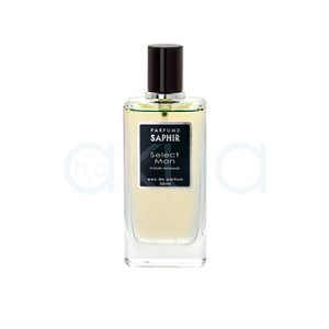 Perfume Saphir Hombre 50ml envase de cristal transparente. La etiqueta es negra con letras blancas y plateadas. El tapón es negro brillante y cilíndrico H2o Akua