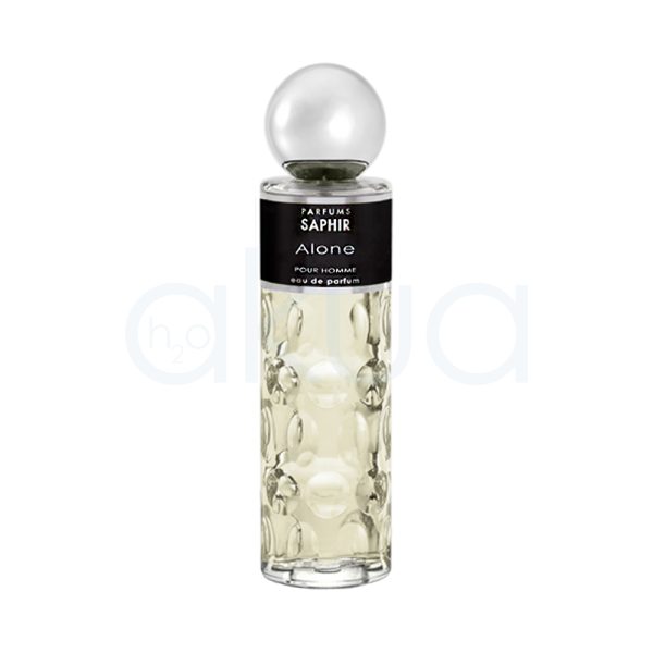 Perfume Saphir Hombre 200ml Frasco de vidrio transparente donde predominan los siguientes colores: Blanco perlado en la esfera que forma el tapón del frasco. Negro en la etiqueta del frasco, donde aparece el texto .Plateado en la base del tapón, justo encima de la etiqueta. H2o Akua
