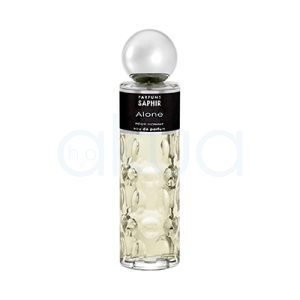Perfume Saphir Hombre 200ml Frasco de vidrio transparente donde predominan los siguientes colores: Blanco perlado en la esfera que forma el tapón del frasco. Negro en la etiqueta del frasco, donde aparece el texto .Plateado en la base del tapón, justo encima de la etiqueta. H2o Akua