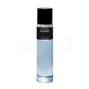 Perfume Saphir Hombre 30ml . De cristal transparente. La etiqueta es negra con letras blancas y plateadas, y el tapón es negro brillante y cilíndrico.. H2o Akua