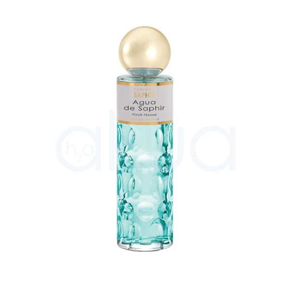 Perfume Saphir Mujer 200ml cristal translúcido con relieve en forma de burbujas o círculos. La etiqueta es de color gris claro con letras doradas y negras. El tapón es dorado metálico y tiene forma esférica y brillante. H2o Akua H2o Akua