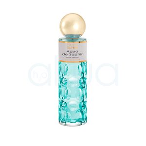Perfume Saphir Mujer 200ml cristal translúcido con relieve en forma de burbujas o círculos. La etiqueta es de color gris claro con letras doradas y negras. El tapón es dorado metálico y tiene forma esférica y brillante. H2o Akua H2o Akua