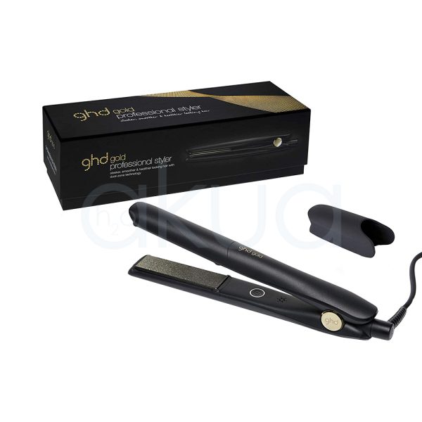 Plancha Gold Styler ghd core color negro mate con detalles metálicos en plateado y placas en el mismo color H2o Akua
