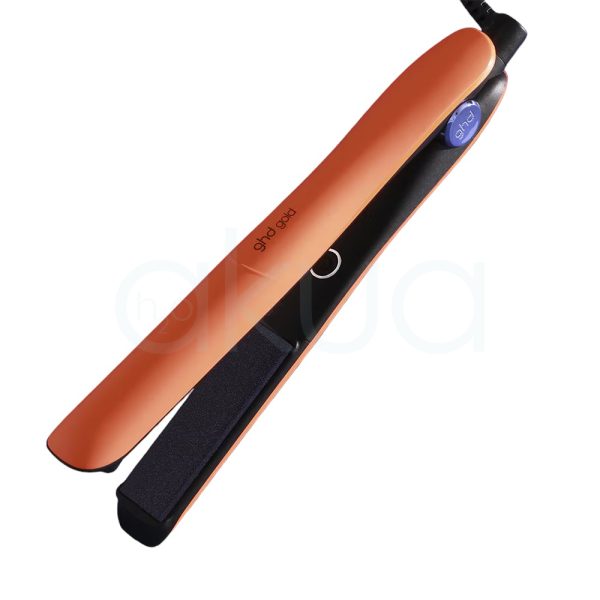 Plancha ghd Gold Naranja color principal del cuerpo y neceser en naranja con placas en color negro y detalle en azul en el lateral H2o Akua