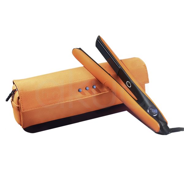 Plancha ghd Gold Naranja color principal del cuerpo y neceser en naranja con placas en color negro y detalle en azul en el lateral H2o Akua
