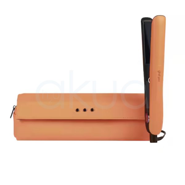 Plancha ghd Gold Naranja color principal del cuerpo y neceser en naranja con placas en color negro y detalle en azul en el lateral H2o Akua