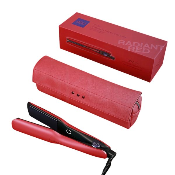 Plancha ghd Max Rojo vibranteLa parte exterior de la plancha alisadora es de color rojo intenso, cubriendo la carcasa superior e inferior. Negro: El interior de la plancha, incluyendo las placas alisadoras y la base, es de color negro mate. Azul: El botón circular ubicado cerca de la bisagra es de color azul, con el logotipo de la marca en blanco. Blanco: El logotipo en el botón y un pequeño círculo en la zona de encendido son de color blanco. Detalles en negro brillante: Las placas alisadoras presentan un acabado negro brillante, en contraste con el cuerpo mate H2o Akua