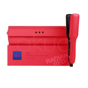 Plancha ghd Max Rojo vibrante La parte exterior de la plancha alisadora es de color rojo intenso, cubriendo la carcasa superior e inferior. Negro: El interior de la plancha, incluyendo las placas alisadoras y la base, es de color negro mate. Azul: El botón circular ubicado cerca de la bisagra es de color azul, con el logotipo de la marca en blanco. Blanco: El logotipo en el botón y un pequeño círculo en la zona de encendido son de color blanco. Detalles en negro brillante: Las placas alisadoras presentan un acabado negro brillante, en contraste con el cuerpo mate H2o Akua