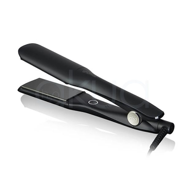 Plancha ghd Max core El color principal es negro mate cubriendo la mayor parte de su estructura. Negro brillante: Se observa en las placas alisadoras, que tienen un acabado más lustroso en contraste con el cuerpo mate, Blanco: Un pequeño detalle en forma de botón o aro decorativo cerca de la base del mango es de color blanco, Gris oscuro: En la zona cercana al cable, el acabado es de un tono gris oscuro o negro con textura H2o Akua