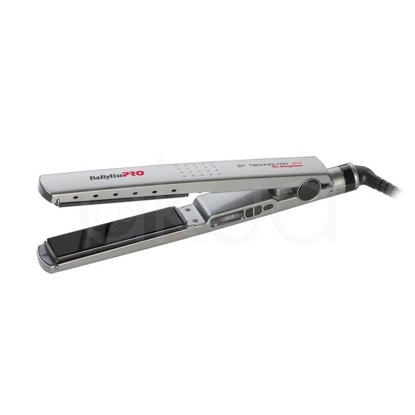 Plancha The Straightener Babyliss pro BAB2091 El color predominante es gris metálico brillante, que cubre la mayor parte del cuerpo de la plancha alisadora. Las placas alisadoras son de color negro brillante. Hay detalles en negro en la zona del cable y los botones, y el logotipo "BaByliss PRO" aparece en negro y rojo sobre el fondo gris metálico H2o Akua