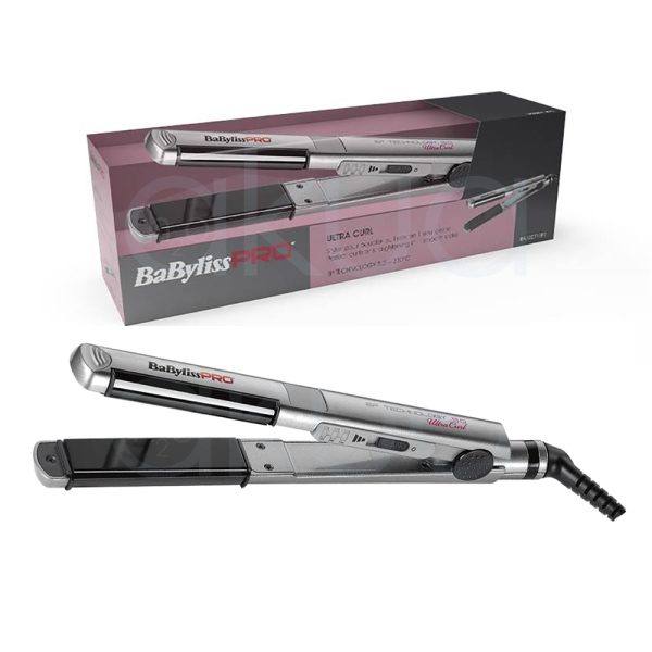 Plancha Ultracurl 25mm Babyliss pro BAB2071EP El color predominante es gris metálico brillante, que cubre la mayor parte del cuerpo de la plancha alisadora. Las placas alisadoras son de color negro brillante. Hay detalles en negro en la zona del cable y los botones, y el logotipo "BaByliss PRO" aparece en negro y rojo sobre el fondo gris metálico H2o Akua