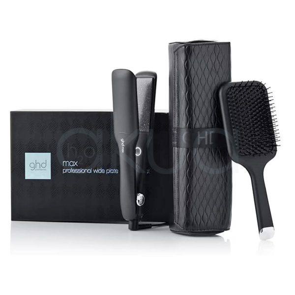 Plancha ghd platinum+ Gift set Negro: Es el color predominante en todos los elementos del set: la plancha alisadora, el cepillo y el estuche térmico presentan un acabado negro mate, lo que aporta un aspecto elegante y profesional. Gris oscuro: El estuche muestra un diseño texturizado en gris oscuro, con un ligero brillo que resalta el patrón geométrico. Blanco: El logotipo y el nombre de la marca en la plancha están impresos en color blanco, aportando contraste y visibilidad. Plateado metálico: El extremo del mango del cepillo y el botón circular de la plancha presentan detalles en plateado metálico H2o Akua