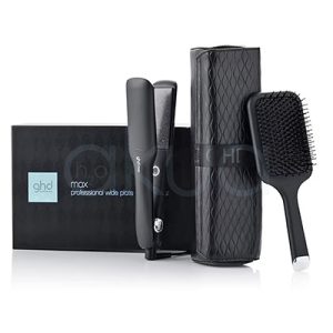 Plancha ghd platinum+ Gift set Negro: Es el color predominante en todos los elementos del set: la plancha alisadora, el cepillo y el estuche térmico presentan un acabado negro mate, lo que aporta un aspecto elegante y profesional. Gris oscuro: El estuche muestra un diseño texturizado en gris oscuro, con un ligero brillo que resalta el patrón geométrico. Blanco: El logotipo y el nombre de la marca en la plancha están impresos en color blanco, aportando contraste y visibilidad. Plateado metálico: El extremo del mango del cepillo y el botón circular de la plancha presentan detalles en plateado metálico H2o Akua