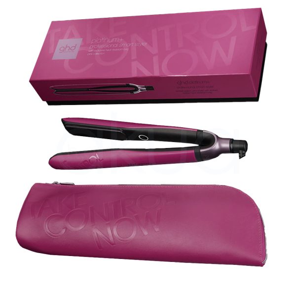 Plancha ghd platinum+ orquidea pink El color predominante tanto en la plancha alisadora como en el estuche es un tono fucsia o rosa intenso, que aporta un aspecto vibrante y llamativo al conjunto. Negro: Las placas alisadoras y parte del cuerpo de la plancha son de color negro, creando un contraste elegante con el fucsia. Gris metálico: La zona cercana al cable de la plancha presenta un acabado en gris metálico. Blanco: El logotipo y algunos detalles pequeños en la plancha están en color blanco, aportando visibilidad y contraste sobre el fondo fucsia y negro H2o Akua