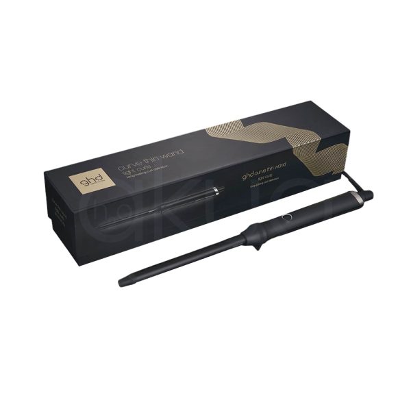 Rizador ghd fino Curve Thin core cuerpo donde predomina el color negro con detalles en plateado en zona del cable y boton de encendido H2o Akua