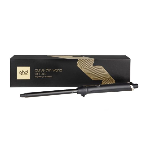 Rizador ghd fino Curve Thin core cuerpo donde predomina el color negro con detalles en plateado en zona del cable y boton de encendido H2o Akua