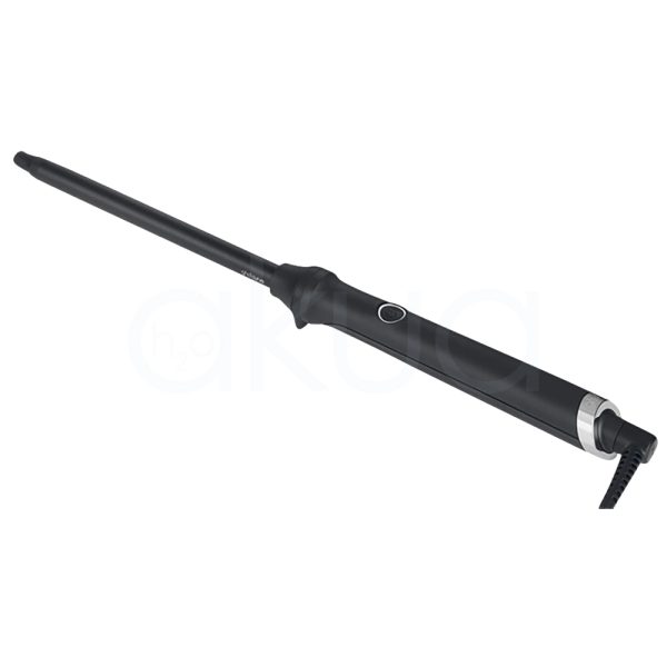 Rizador ghd fino Curve Thin core cuerpo donde predomina el color negro con detalles en plateado en zona del cable y boton de encendido H2o Akua
