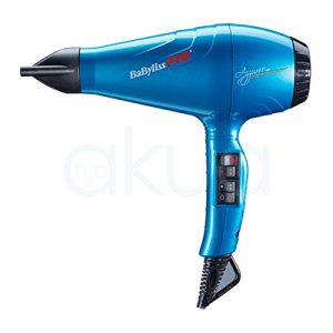 Secador Babyliss pro Luminoso Azzurro BAB6350IBLE El color azul predomina en el cuerpo del secador, negro (en la boquilla, el cable y los controles) azul (en la parte trasera del secador). También se observan detalles en blanco y rojo en los logotipo H2o Akua