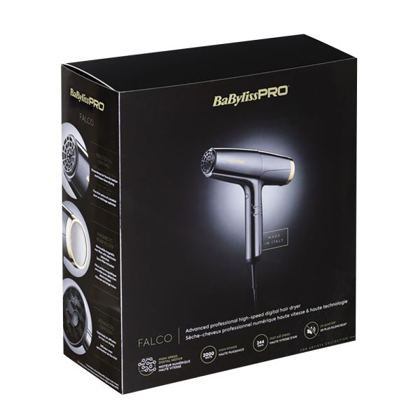 Secador BaByliss pro Falco Advance 2000W BAB8550E el color predominante es el negro mate con detalles en dorado, específicamente en el logotipo "BaBylissPRO" y en el aro que rodea la parte trasera del secador. Los botones y la rejilla frontal también son de color negro H2o Akua