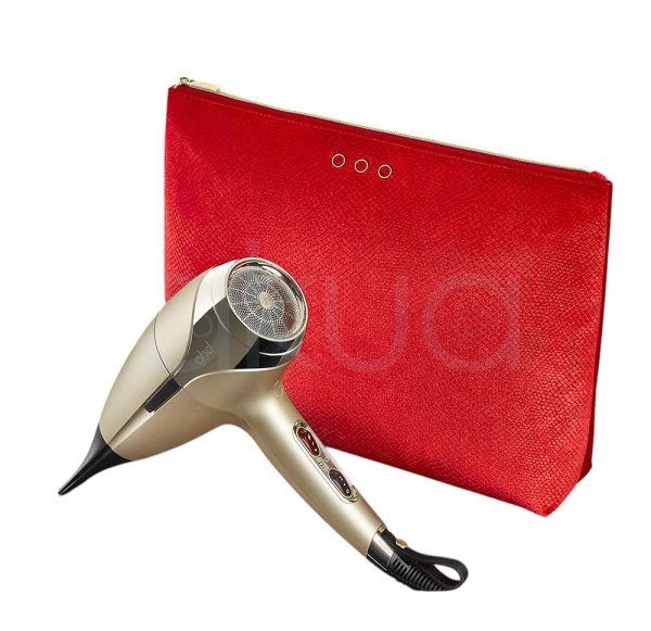 Secador ghd Helios Grand-luxe collection cuerpo de color principal en dorado mate con detalles en negro en la boquilla y cable, boton rojo en mango H2o Akua
