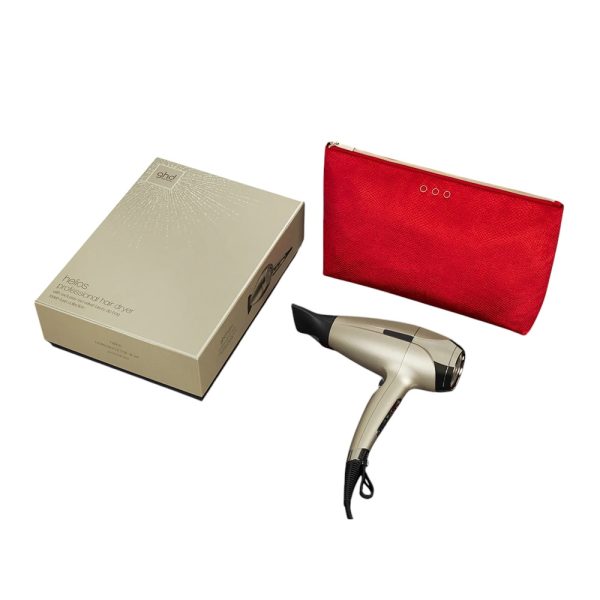 Secador ghd Helios Grand-luxe collection cuerpo de color principal en dorado mate con detalles en negro en la boquilla y cable, boton rojo en mango H2o Akua