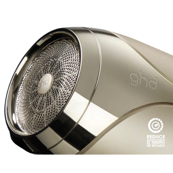 Secador ghd Helios Grand-luxe collection cuerpo de color principal en dorado mate con detalles en negro en la boquilla y cable, boton rojo en mango H2o Akua