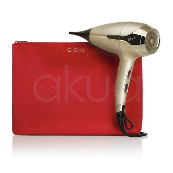Secador ghd Helios Grand-luxe collection cuerpo de color principal en dorado mate con detalles en negro en la boquilla y cable, boton rojo en mango H2o Akua