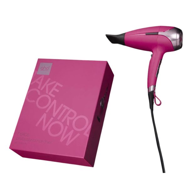 Secador ghd Helios Pink Orquidea color predominante del cuerpo en rosa con detalles en negro y plateado H2o Akua