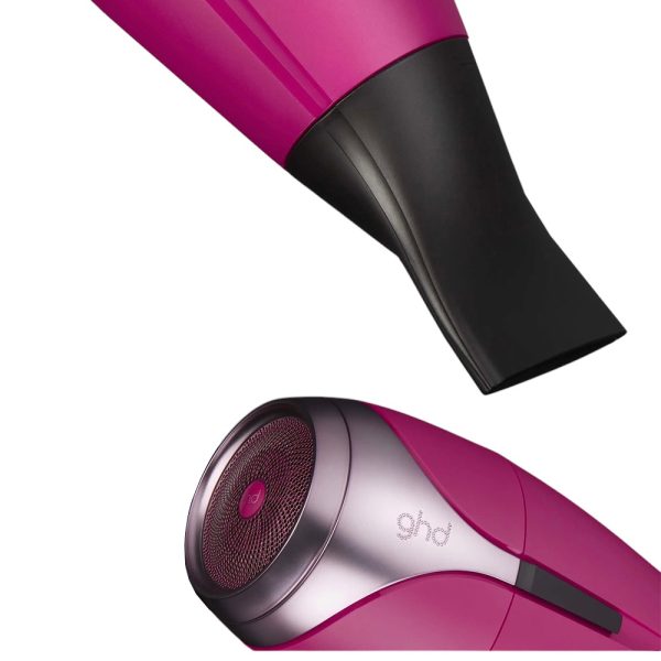 Secador ghd Helios Pink Orquidea color predominante del cuerpo en rosa con detalles en negro y plateado H2o Akua
