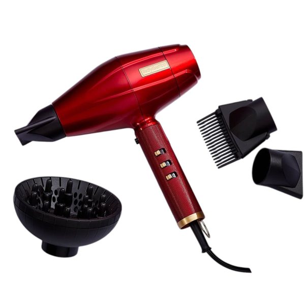 Secador Babyliss pro RedFX Dryer FXBDR1E El color principal del secador es rojo metálico, con detalles en negro en la boquilla y en los controles, y acentos dorados en la base del mango y en la placa del logotipo H2o Akua