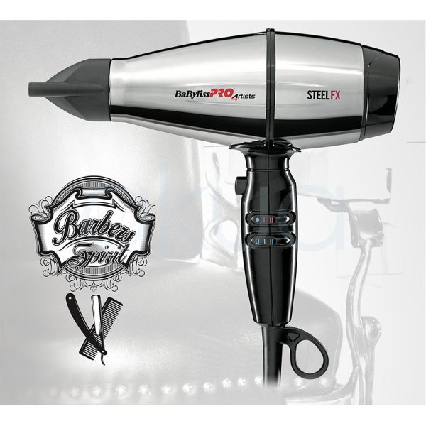Secador Babyiss pro SteelFX FBAB8000IE El color principal del secador es plateado metálico, con detalles en negro en la boquilla, el mango, los controles y la parte trasera. También se observan pequeños acentos en rojo en el logotipo H2o Akua